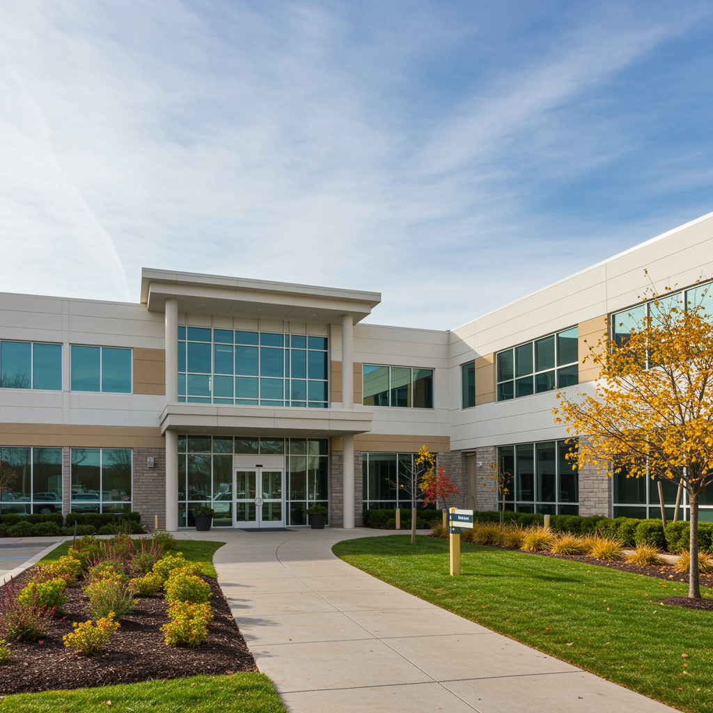 Exterior view of modern urgent care medical building with manicured landscaping in Glen Ellyn, Illinois, representing urgent care and lab testing services near 29 N Cass Ave Ste A, Westmont, IL 60559