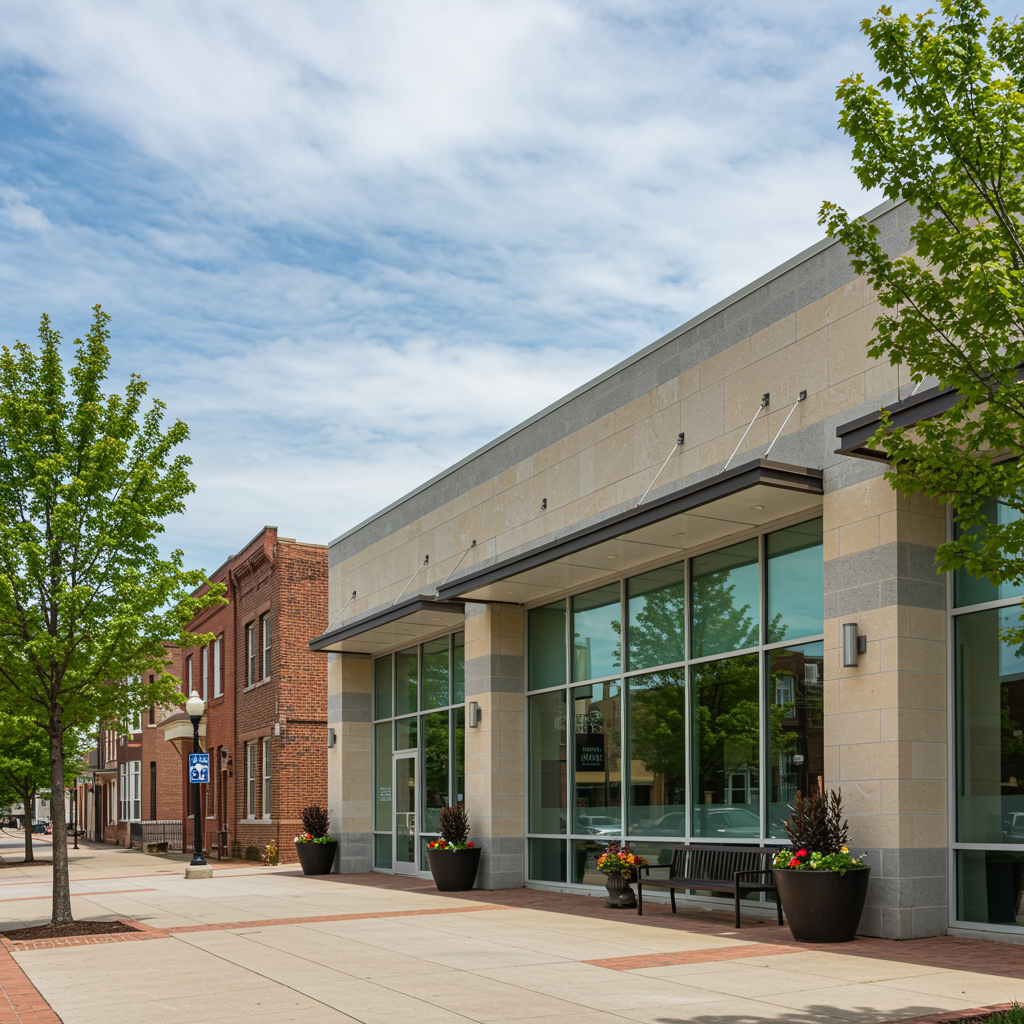 Modern urgent care and medical office building exterior in downtown La Grange, IL with glass windows, updated architecture, and tree-lined sidewalks