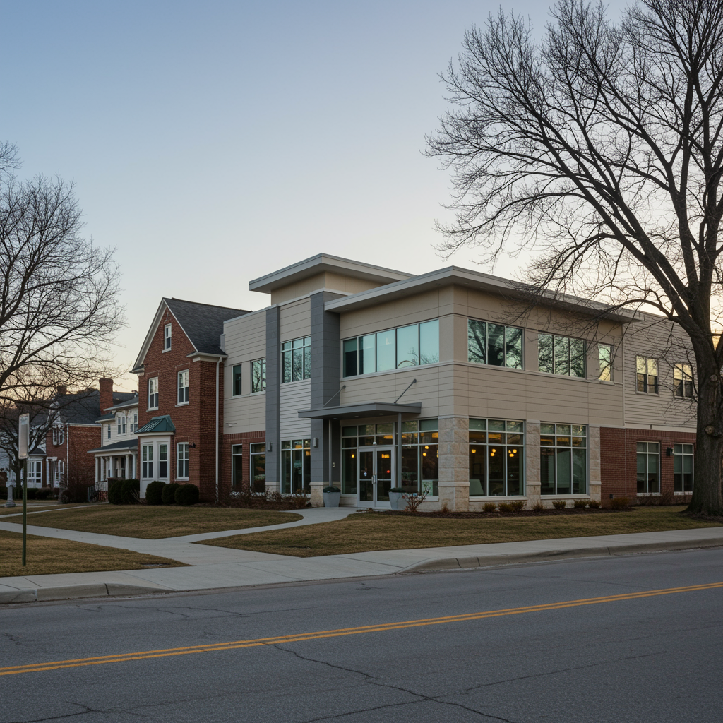 Contemporary urgent care and medical clinic exterior in Western Springs, IL, featuring modern architecture with large windows and landscaped entrance, surrounded by classic residential homes and mature trees under warm afternoon sunlight