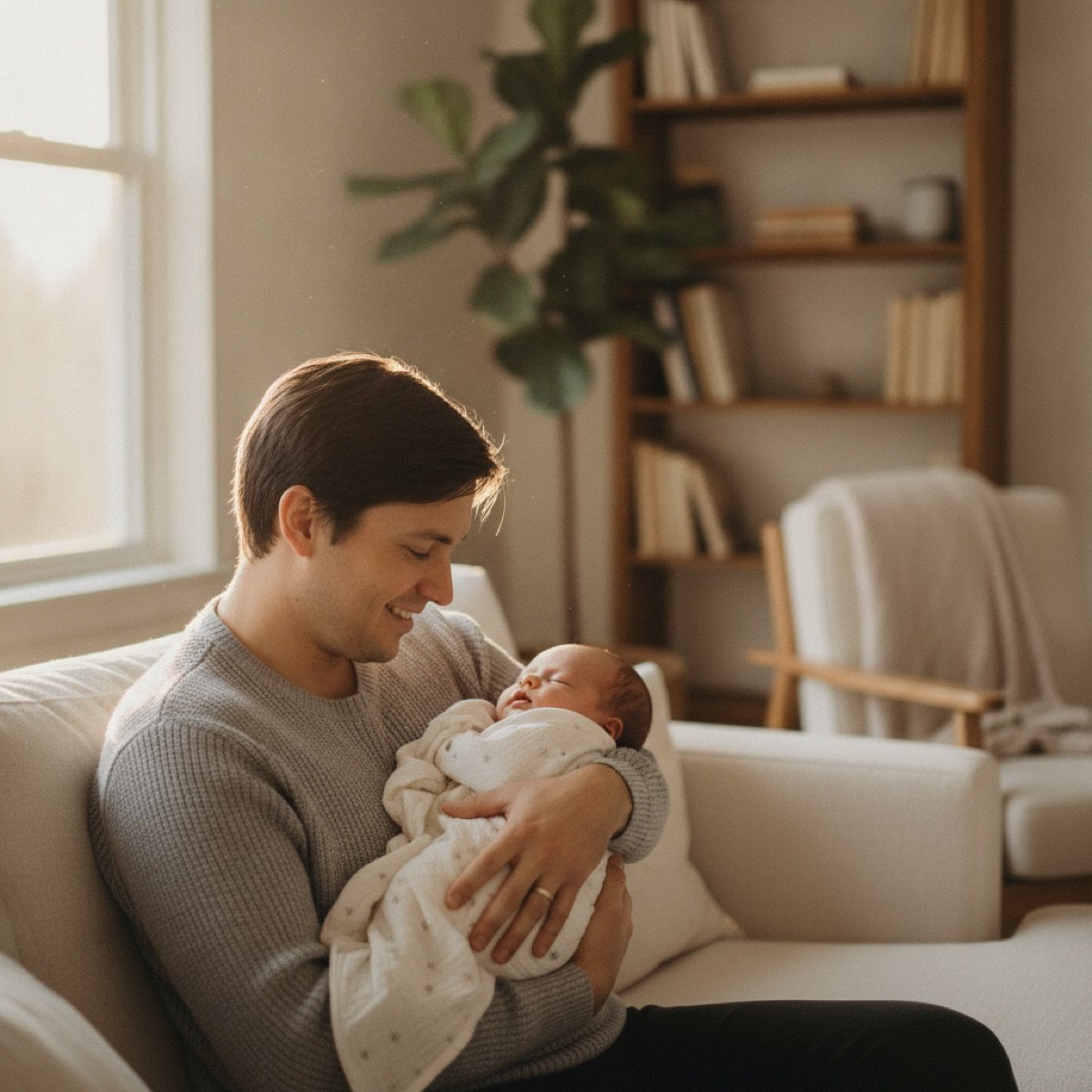 Parent comforting a young baby at home
