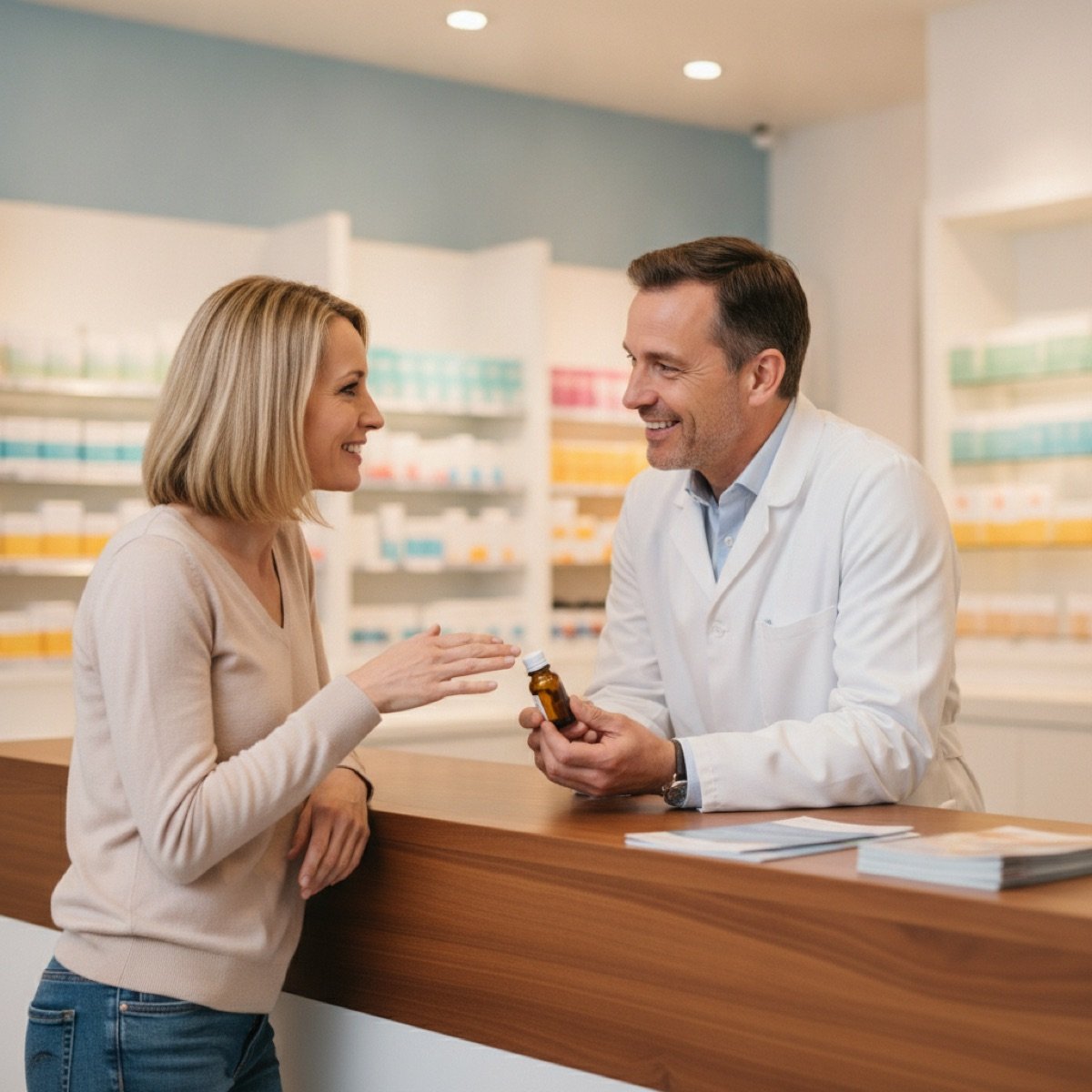 Pharmacist advising a customer on over-the-counter sinus relief options