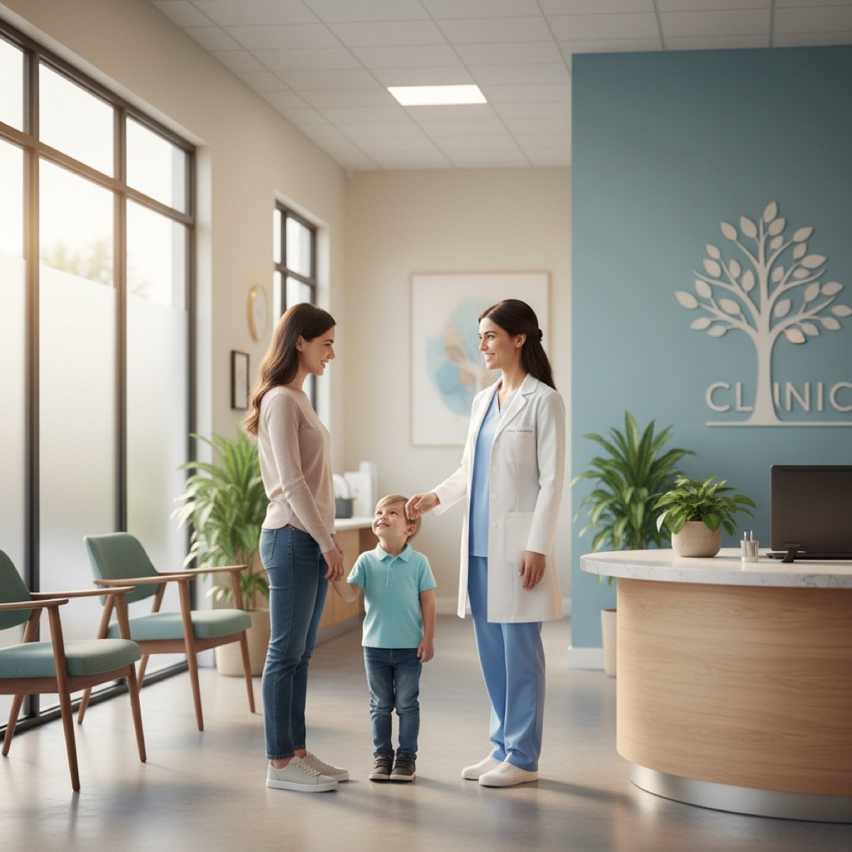 Parent and child arriving at the walk-in Immediate Care Center of Westmont