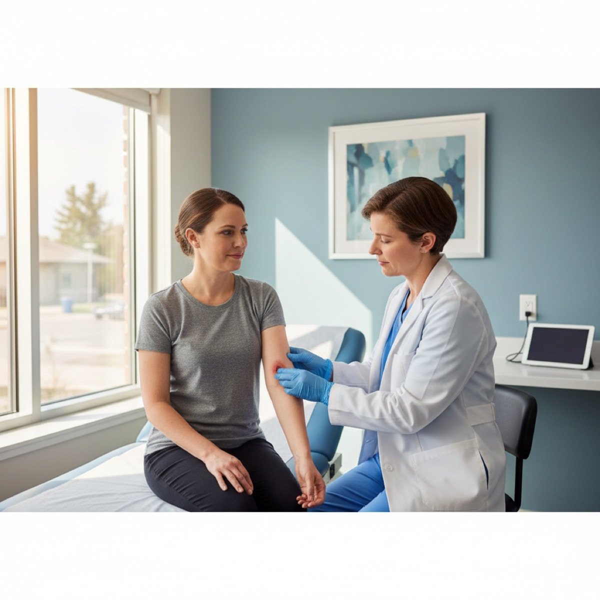 Immediate Care Center of Westmont provider examining a patient's arm to identify the cause of a sudden rash