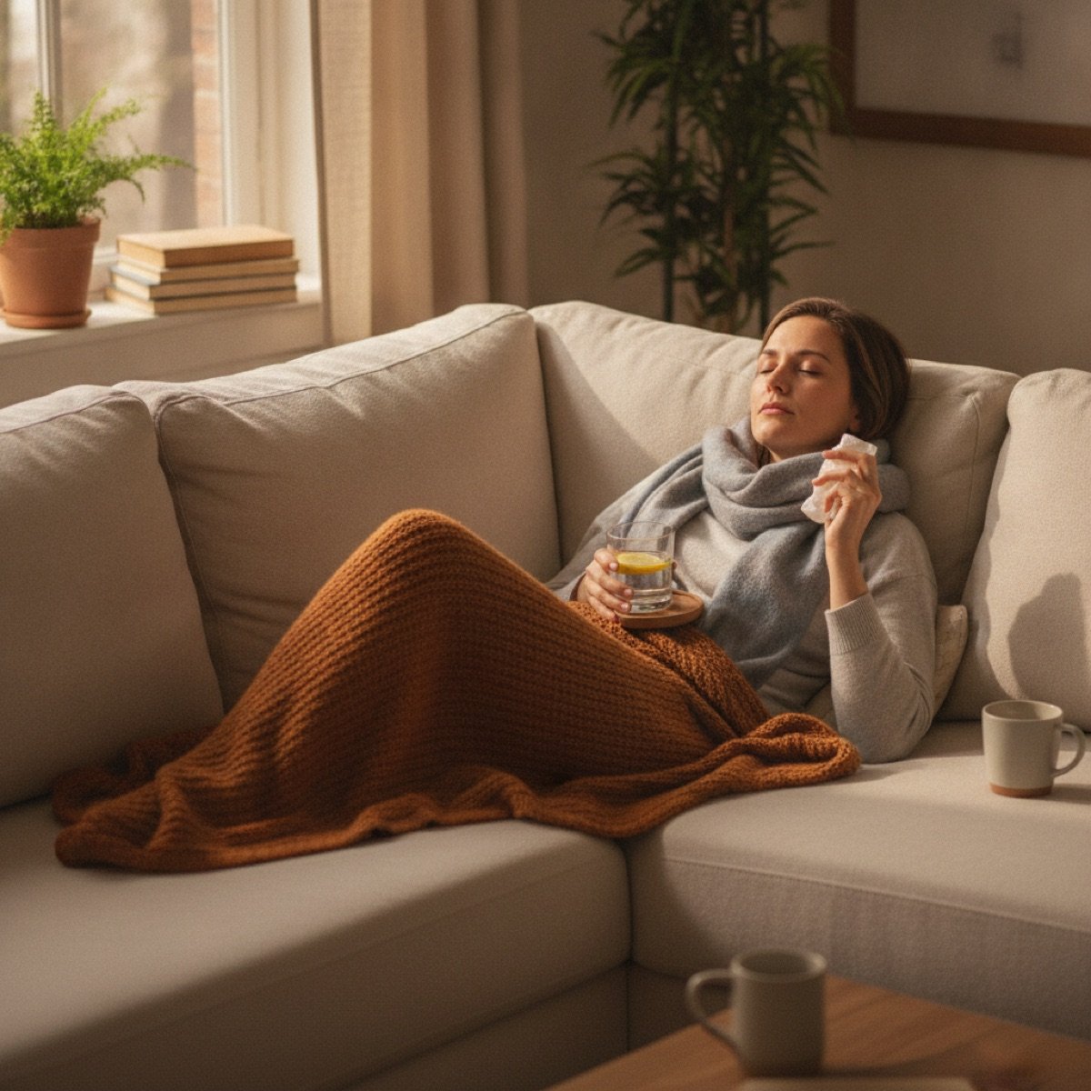 Person recovering at home from a respiratory illness with rest and fluids