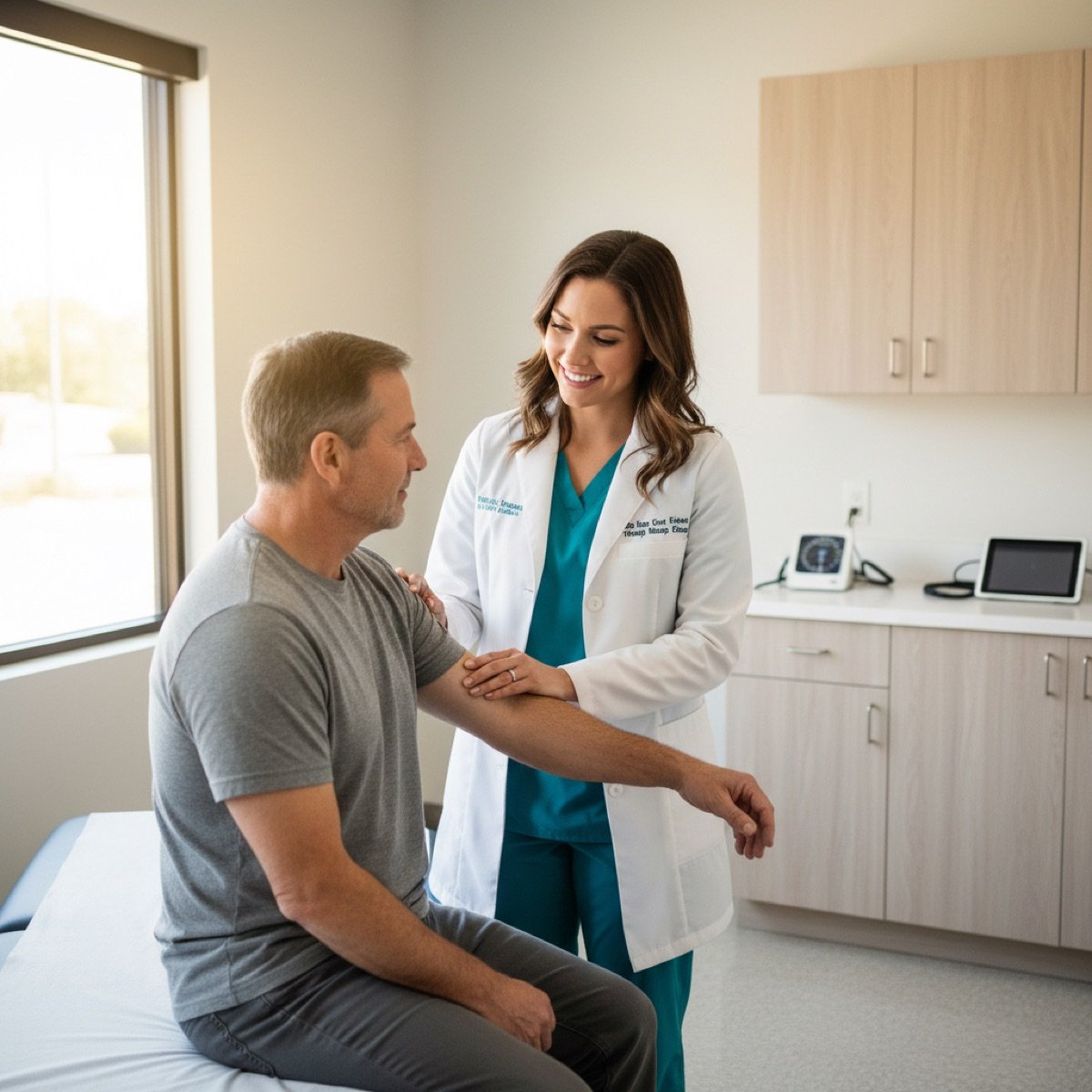 Immediate Care Center of Westmont provider examining a patient's arm to evaluate hives