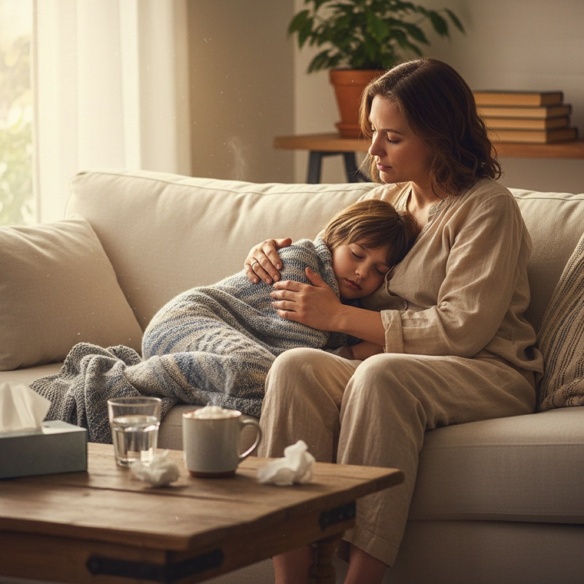 Parent caring for a child recovering from strep throat at home