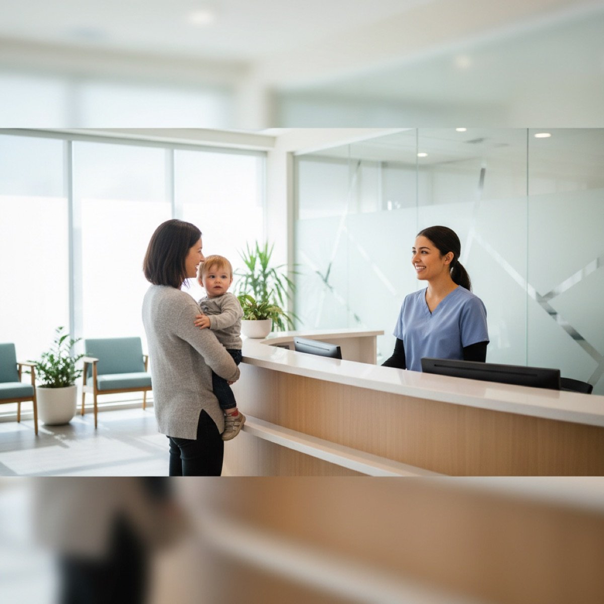 Parent asking about sports physical pricing at the front desk of Immediate Care Center of Westmont