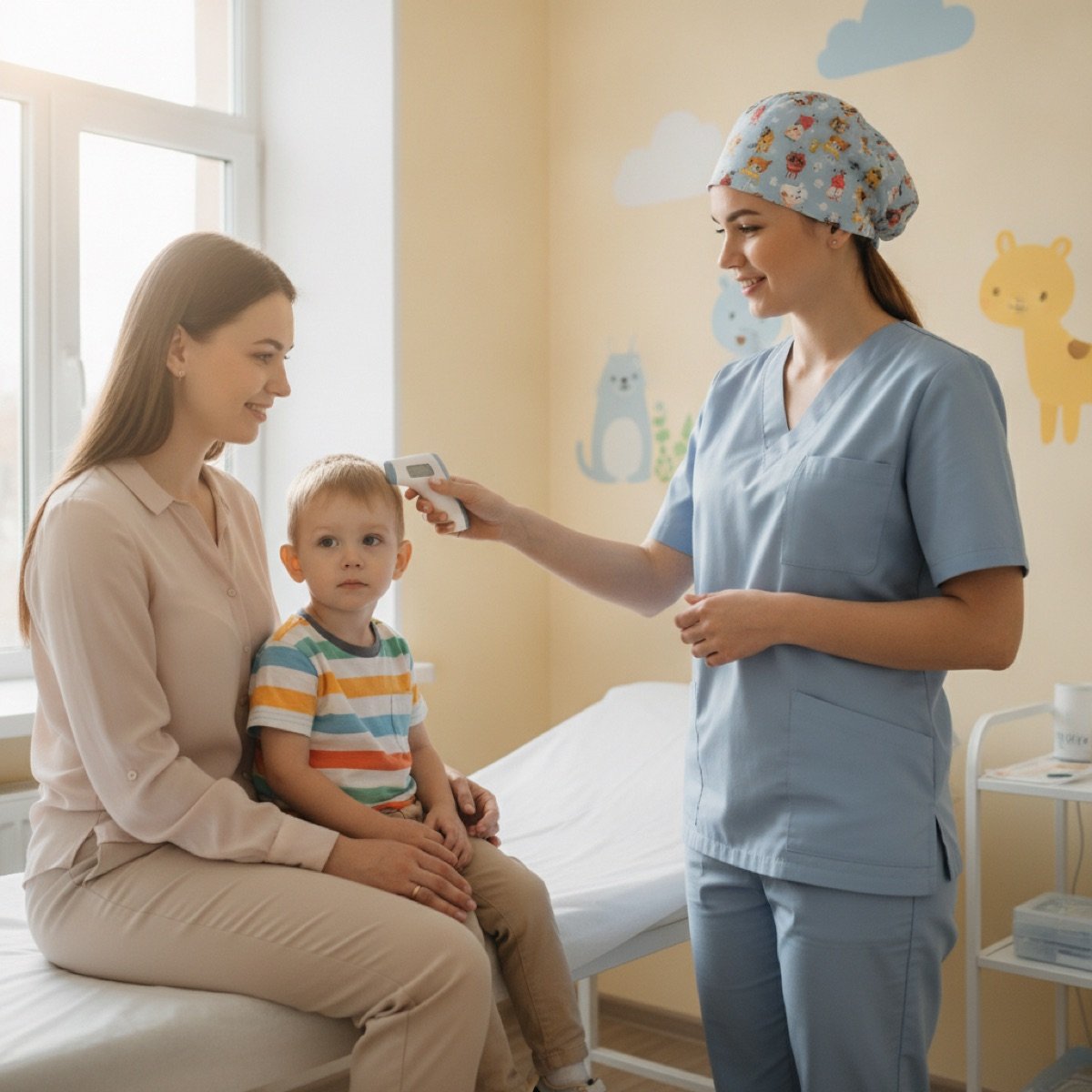 Nurse and parent evaluating a child's fever at Immediate Care Center of Westmont