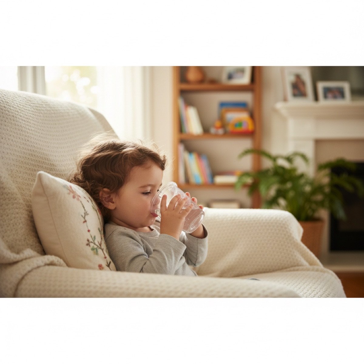 A child staying hydrated while recovering from a moderate fever
