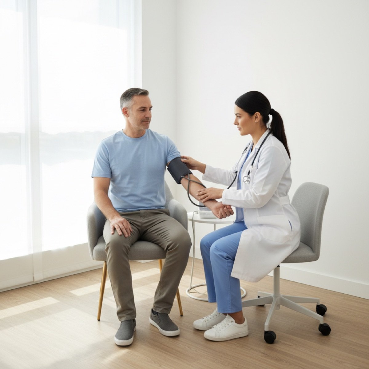 Healthcare provider checking a patient's blood pressure during a pre-employment physical exam