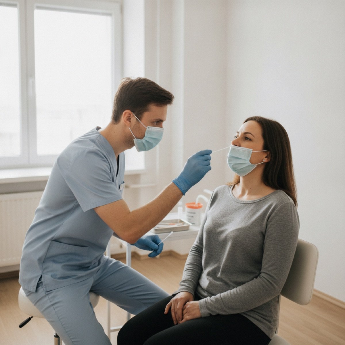 Clinician performing a rapid RSV nasal swab test on a patient
