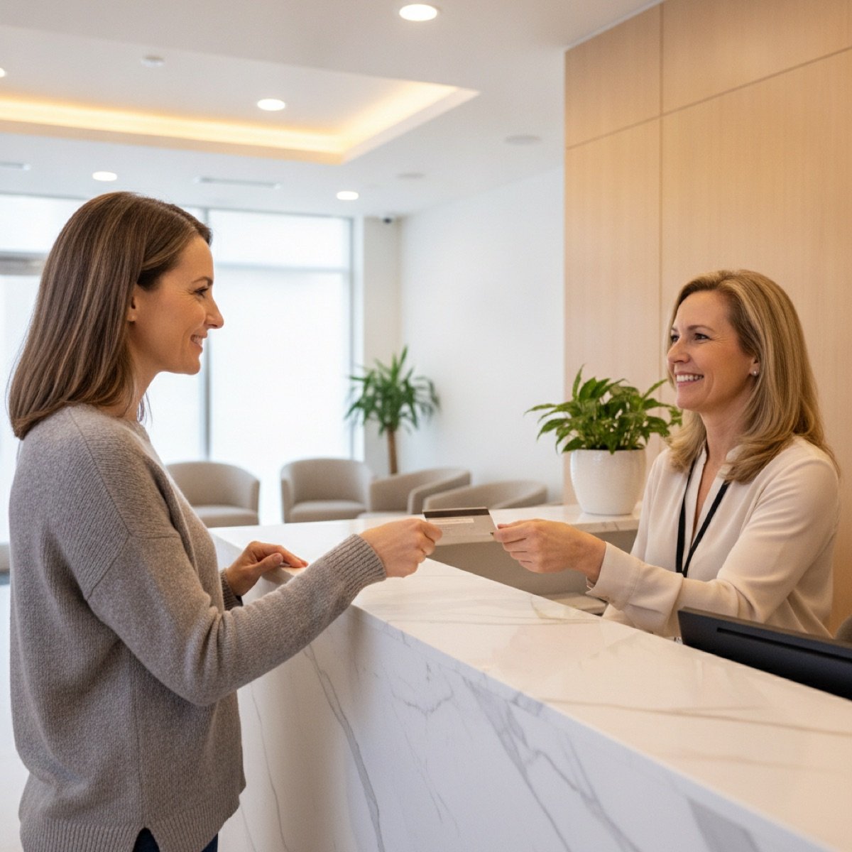 Self-pay patient paying by card at the Immediate Care Center of Westmont front desk