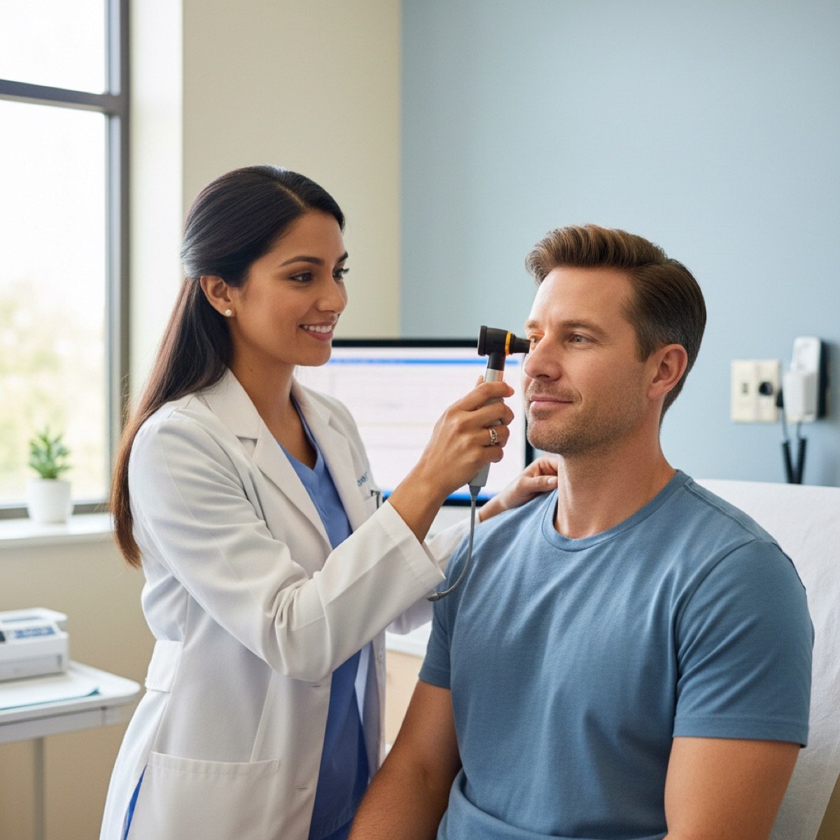 Clinician examining a patient's sinuses during a walk-in urgent care visit