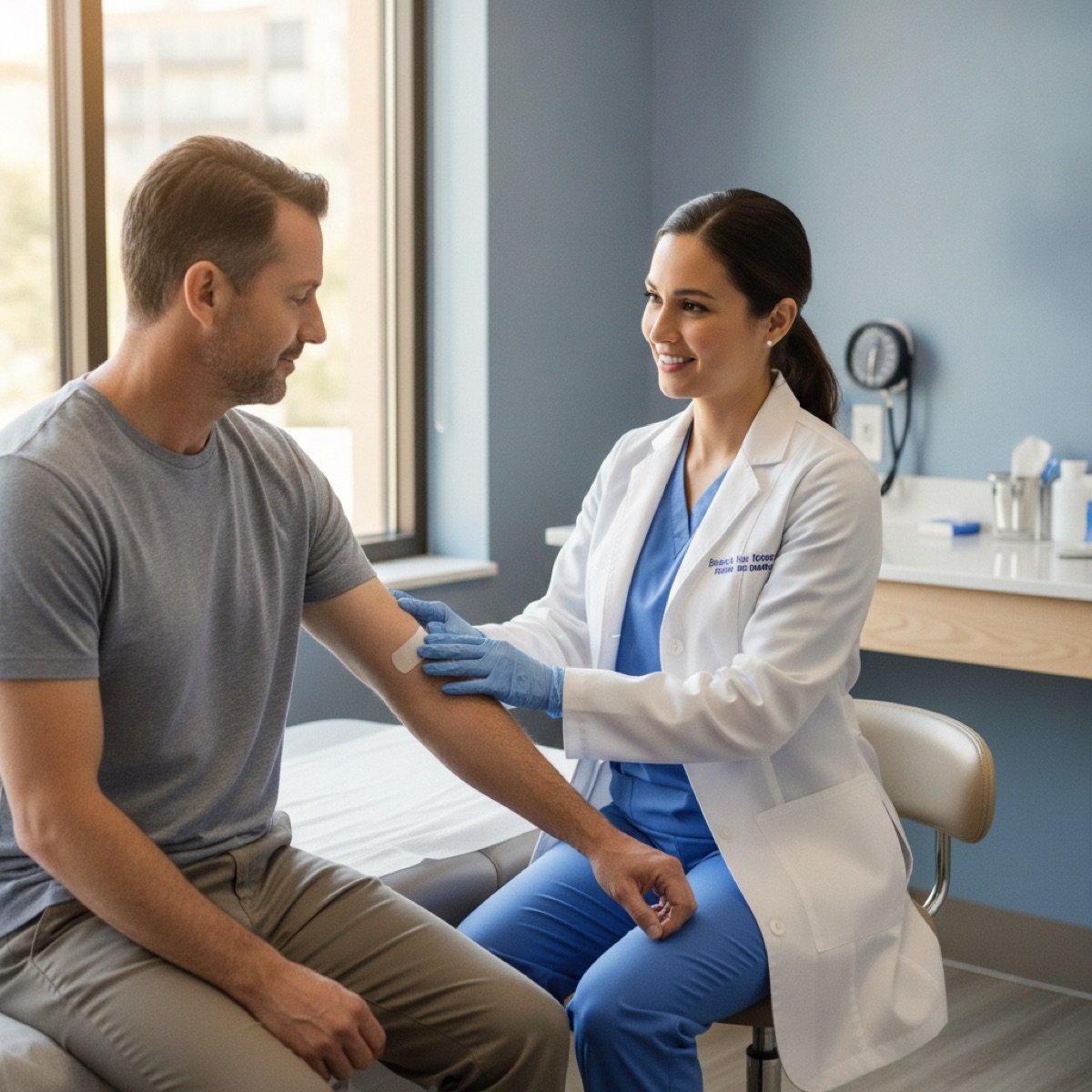 Provider at Immediate Care Center of Westmont examining a patient's arm during a skin rash evaluation