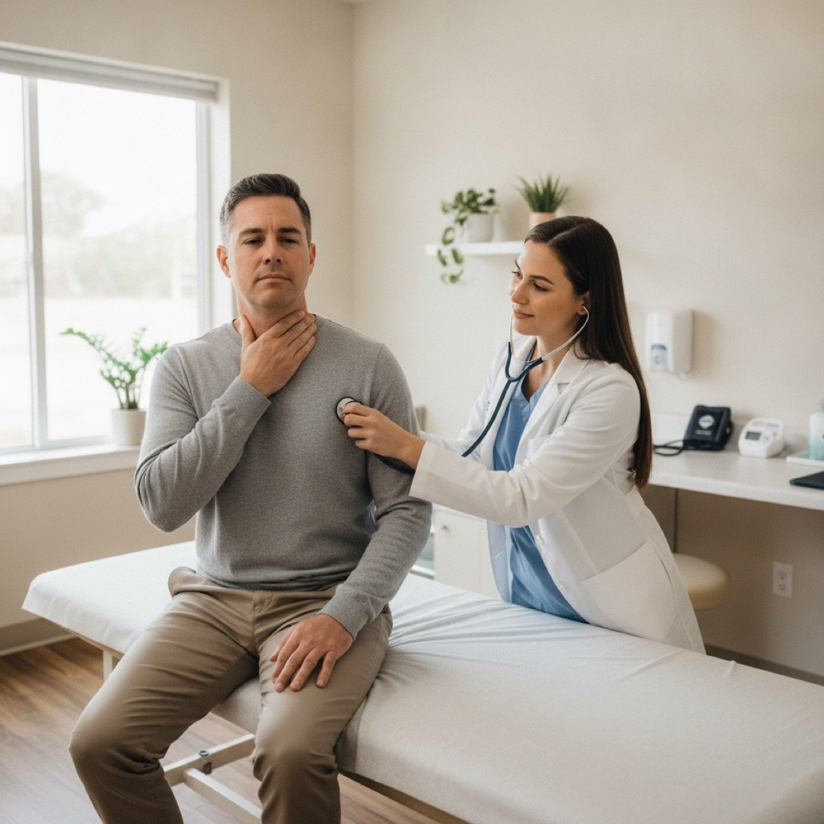 Patient describing sore throat symptoms to a provider at Immediate Care Center of Westmont