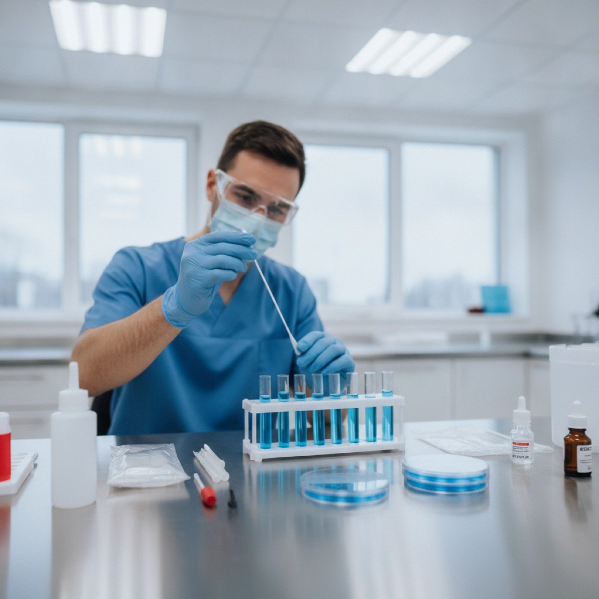 Provider running an on-site throat swab test to distinguish strep from a viral sore throat