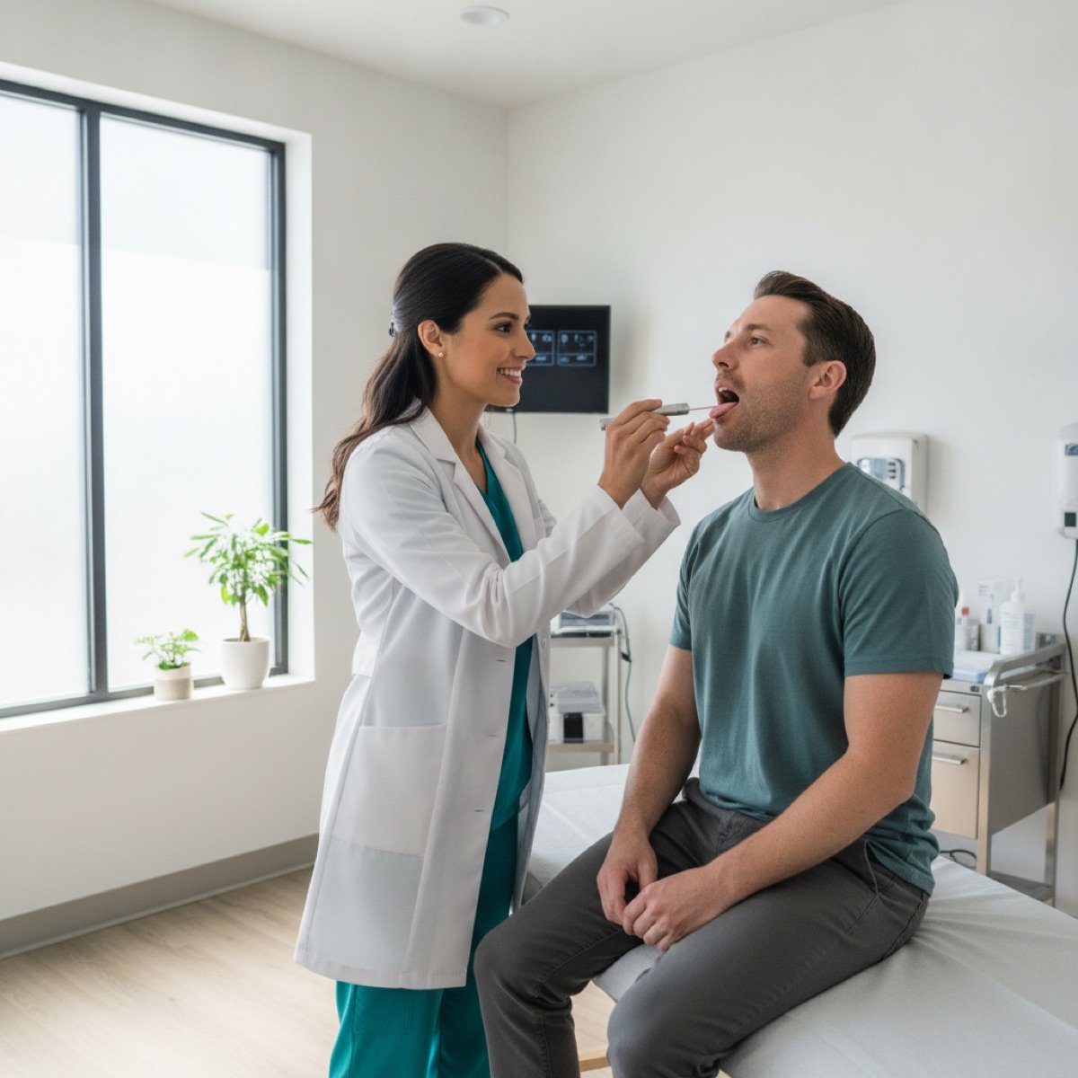 Clinician examining a patient's throat during a strep evaluation at Immediate Care Center of Westmont