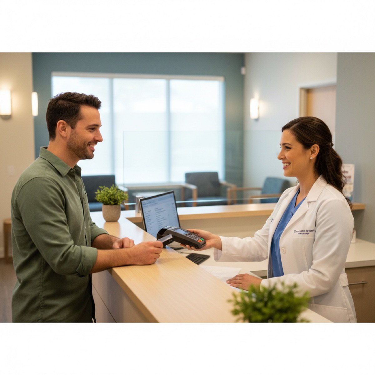 Front-desk staff reviewing transparent self-pay pricing with a patient at Immediate Care Center of Westmont