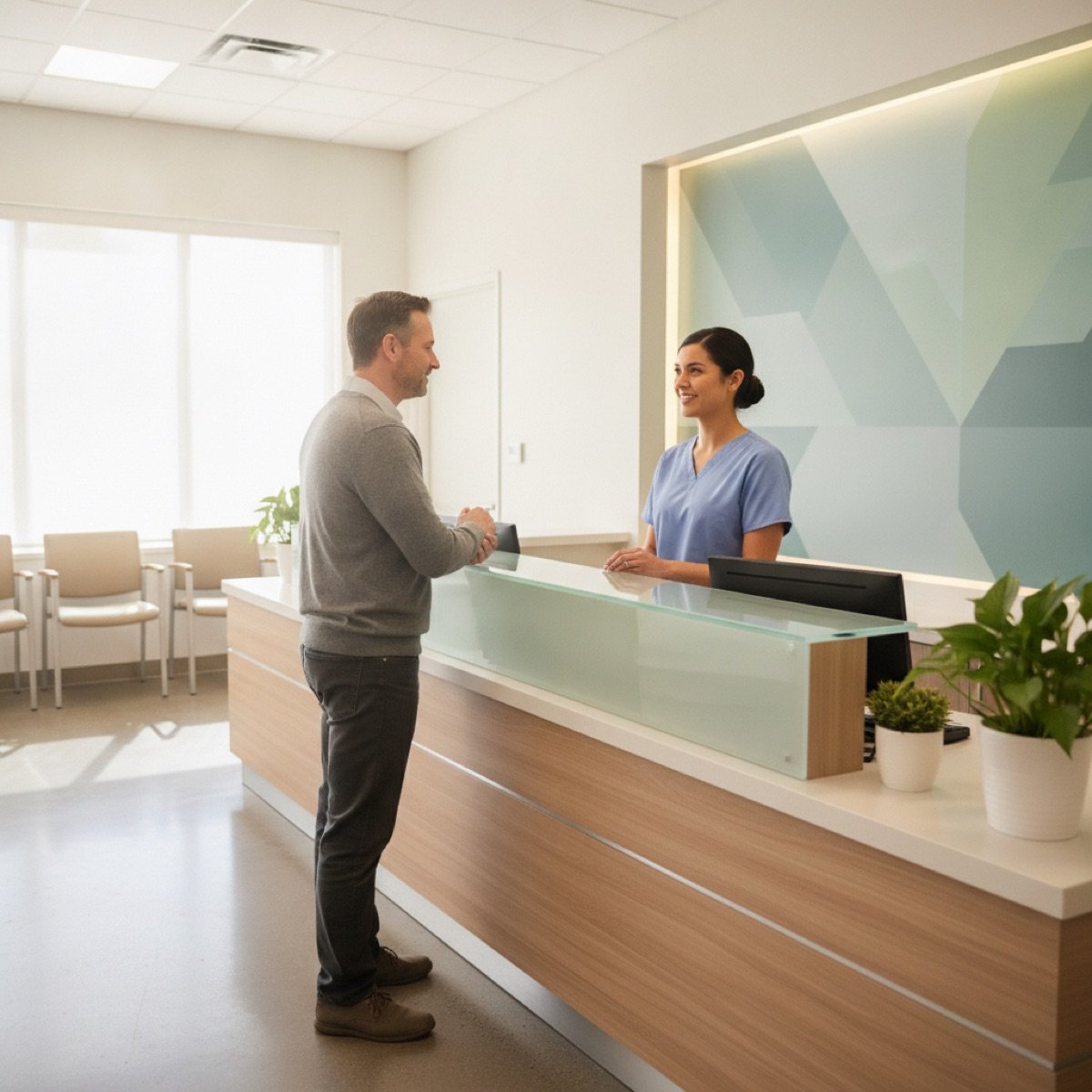 Front-desk staff at Immediate Care Center of Westmont explaining self-pay costs to a walk-in patient