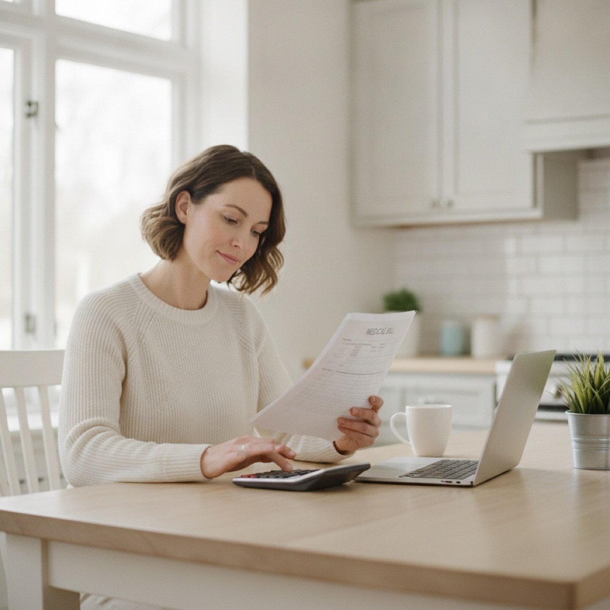 Uninsured patient reviewing out-of-pocket medical costs at home before an urgent care visit