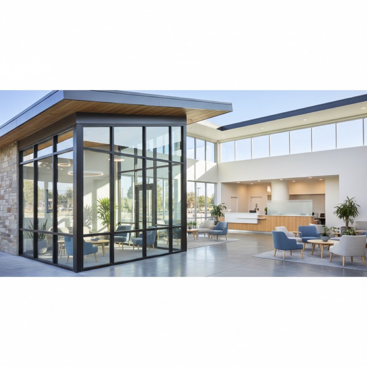 Bright walk-in urgent care clinic waiting area, a lower-cost option than the emergency room for non-emergencies