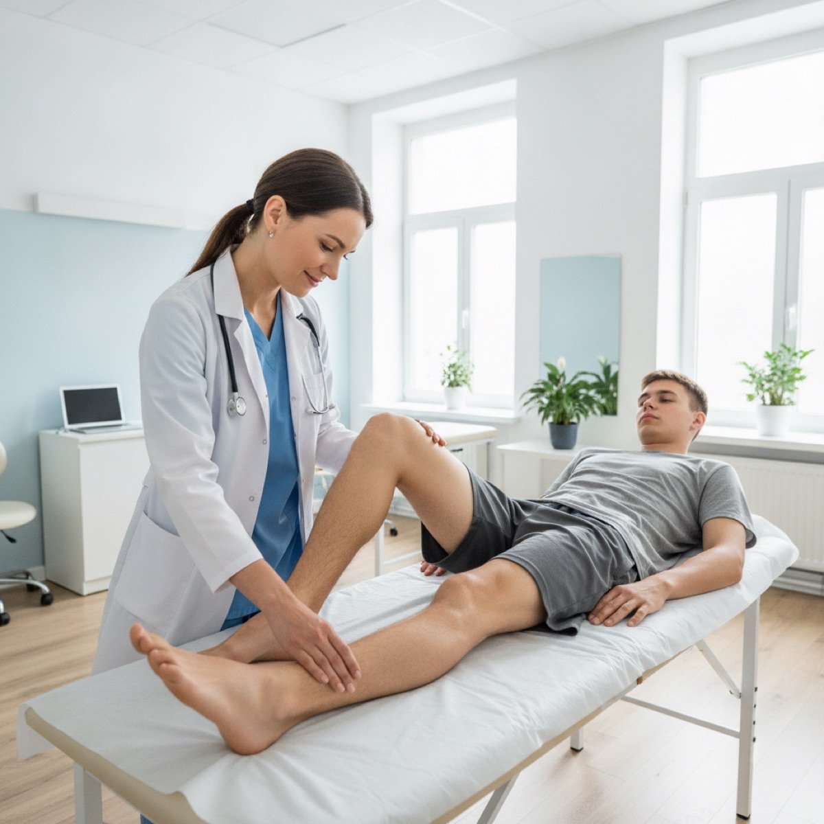 Clinician evaluating an athlete's previous injury during a preparticipation exam