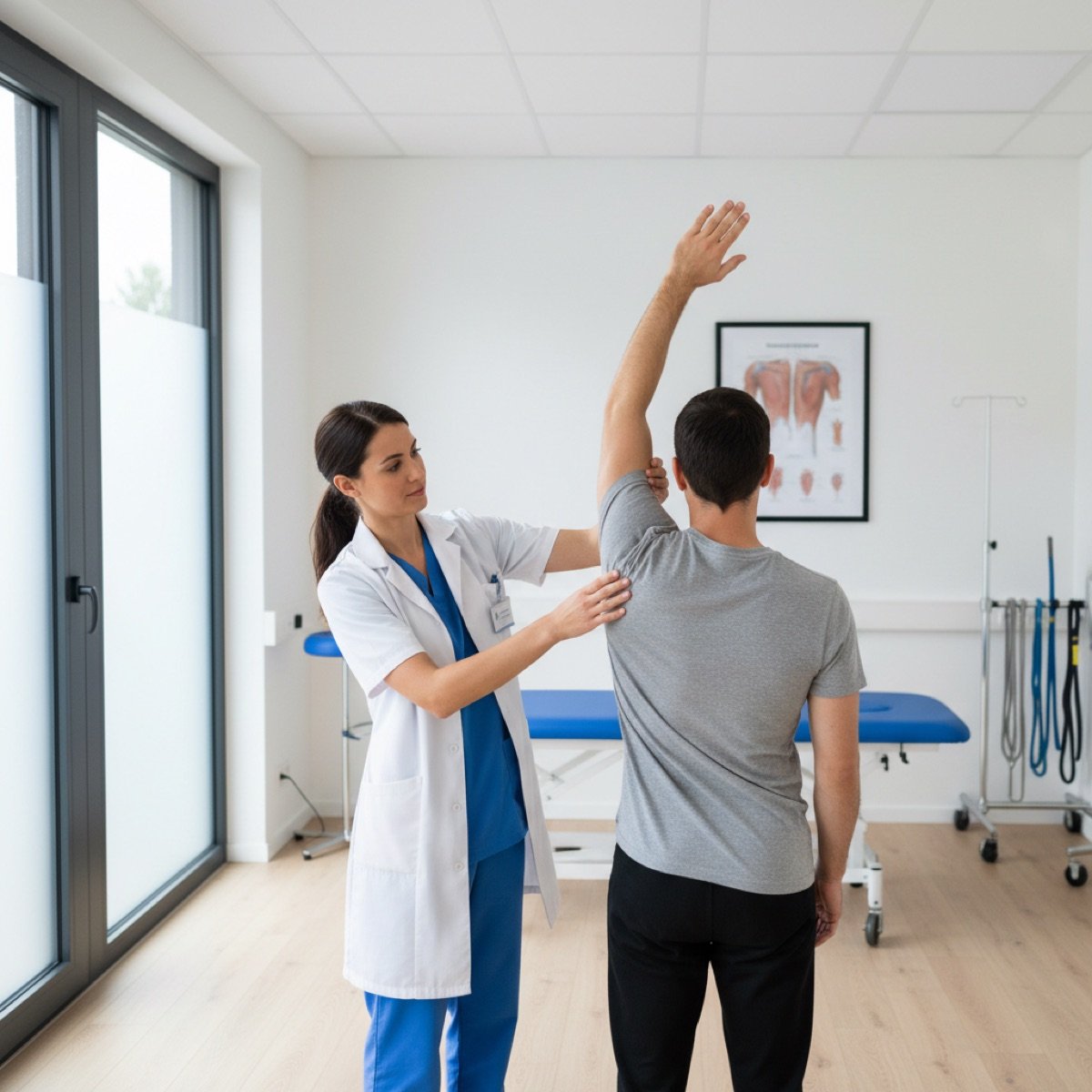 Provider assessing a patient's range of motion during an occupational health evaluation