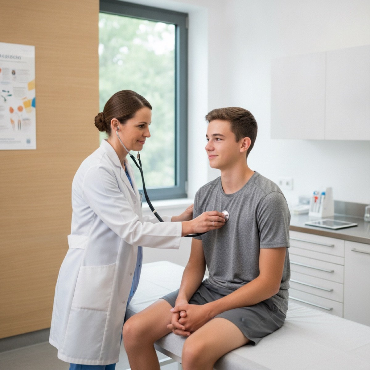 Provider performing a heart and lung exam during a sports physical in Westmont