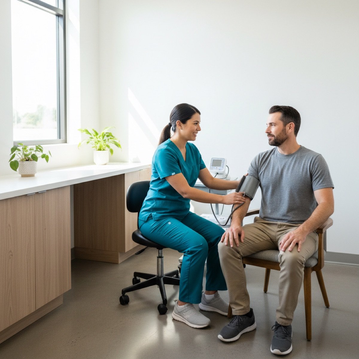 Clinician checking a patient's blood pressure during a pre-employment physical at Immediate Care Center of Westmont