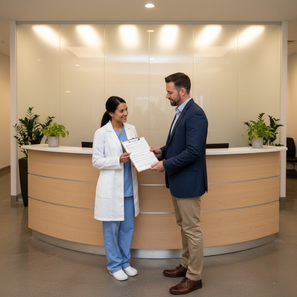 Patient reviewing a medical history form with a provider before an occupational health exam