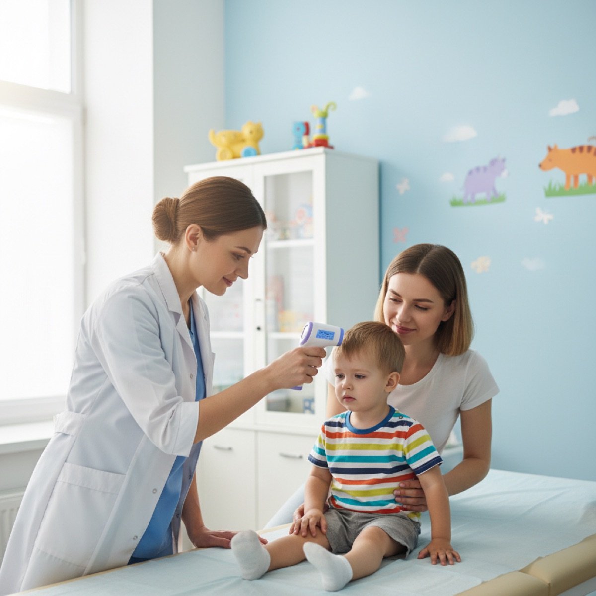 Clinician checking a child's temperature during a walk-in visit at Immediate Care Center of Westmont