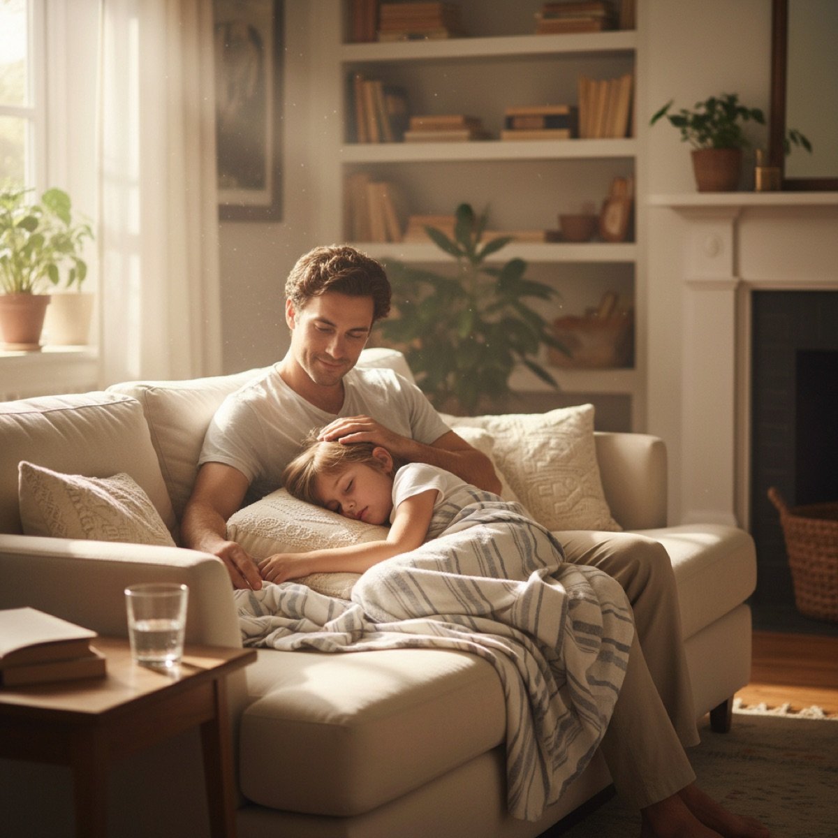 Parent caring for a child with a mild fever at home