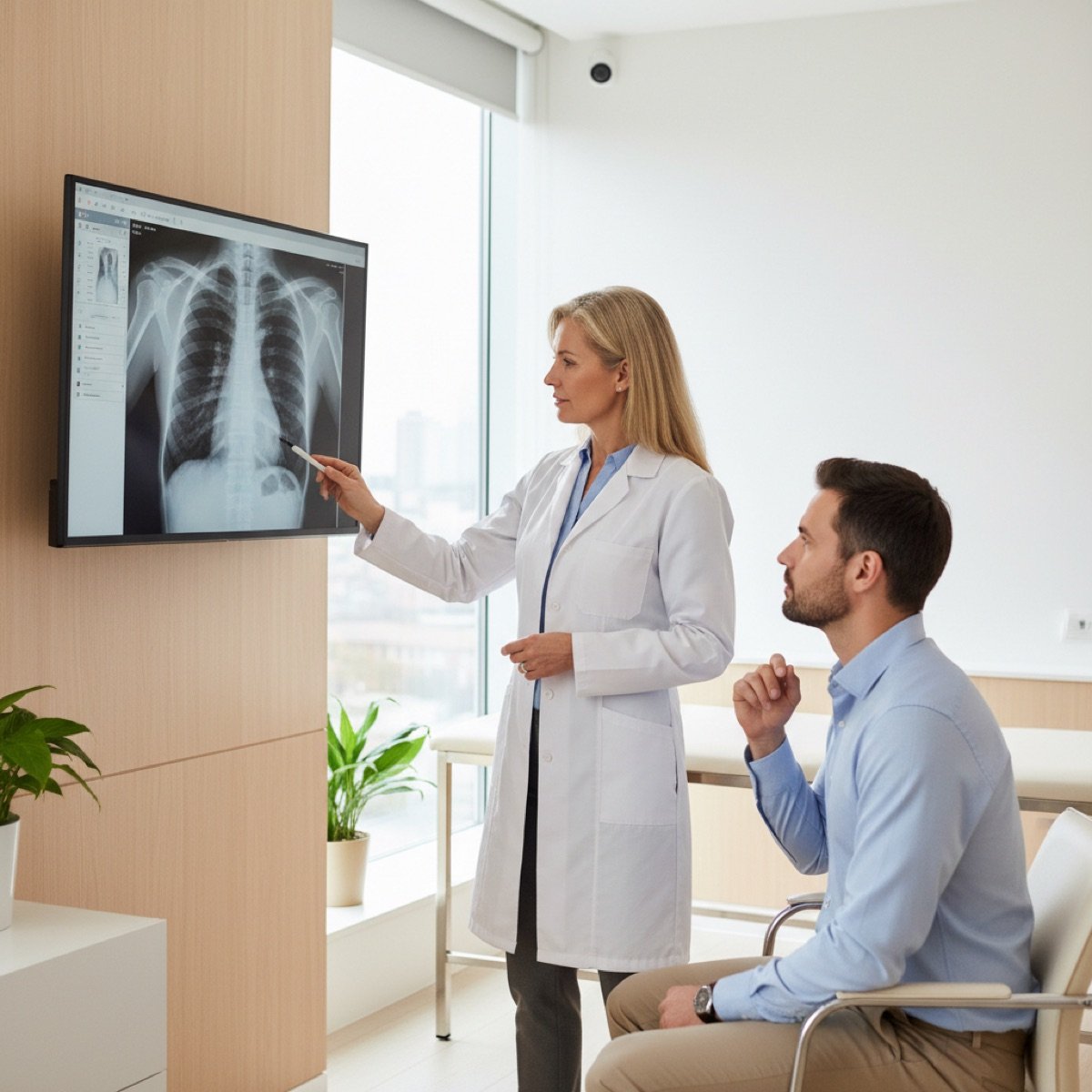 Clinician reviewing an X-ray of a work injury on a monitor