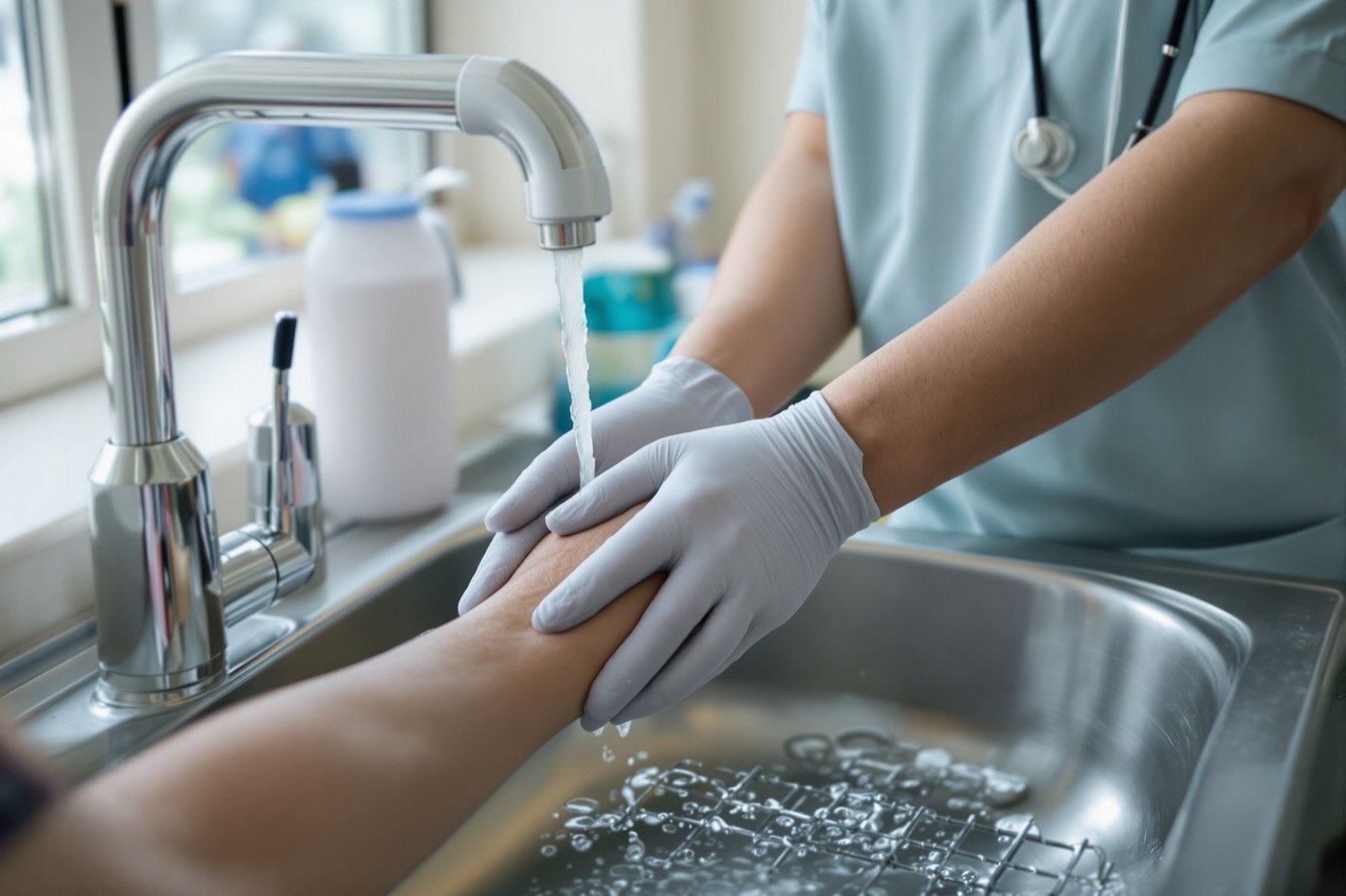 A clinician holding a patient’s hand under gently running cool water at a clinical sink