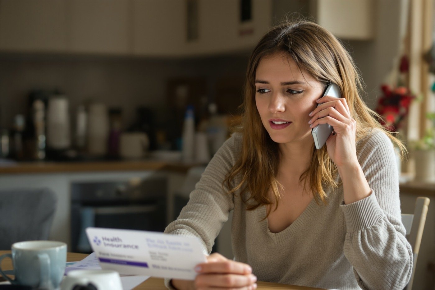 A woman at her kitchen table holding a health insurance card while calling to check her coverage