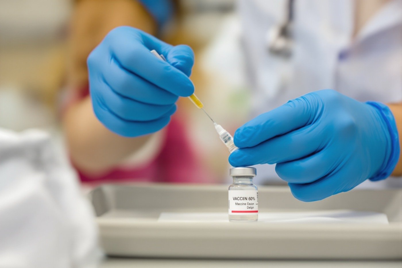 A healthcare worker in gloves drawing up a tetanus vaccine from a vial on a clinical tray
